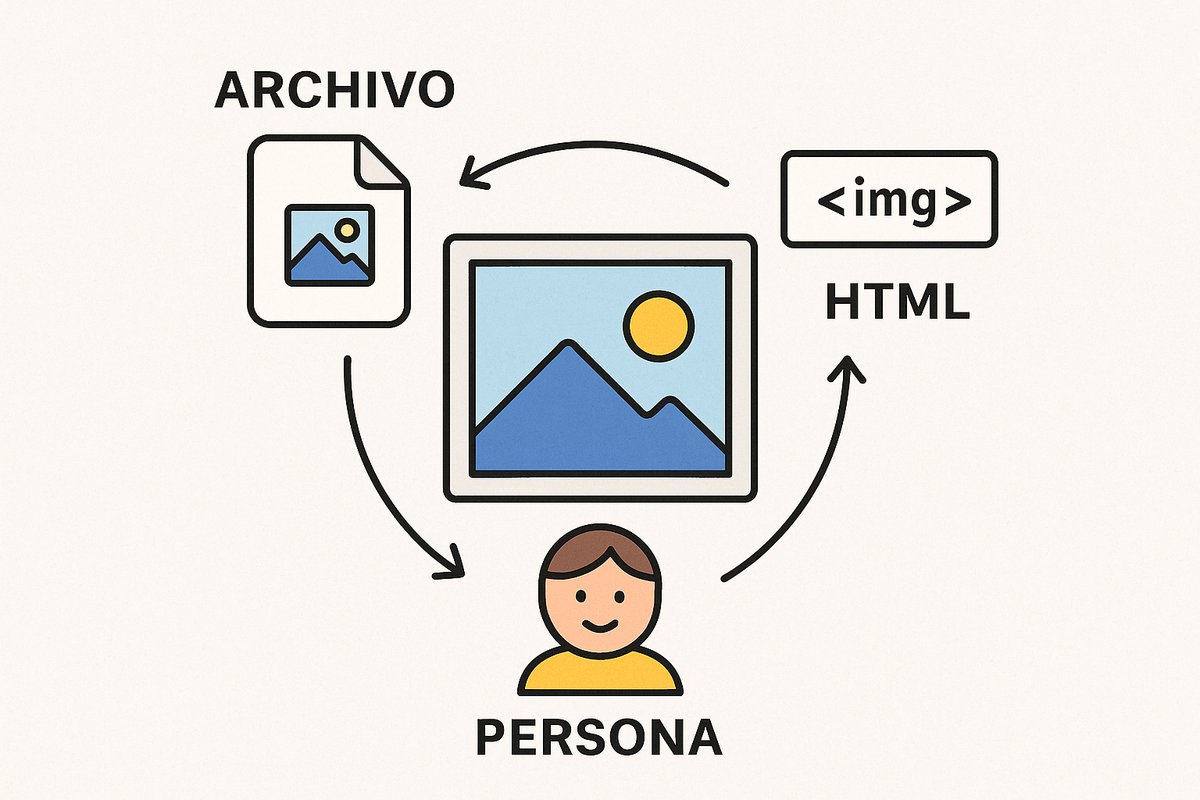 Diagrama en triángulo que conecta archivo, HTML y persona alrededor de una imagen saludable.