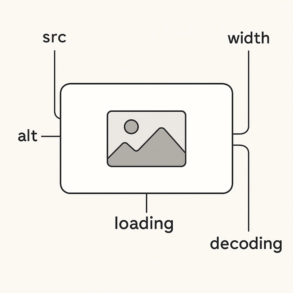 Diagrama que señala alt, width, height, loading y decoding alrededor de un elemento img.