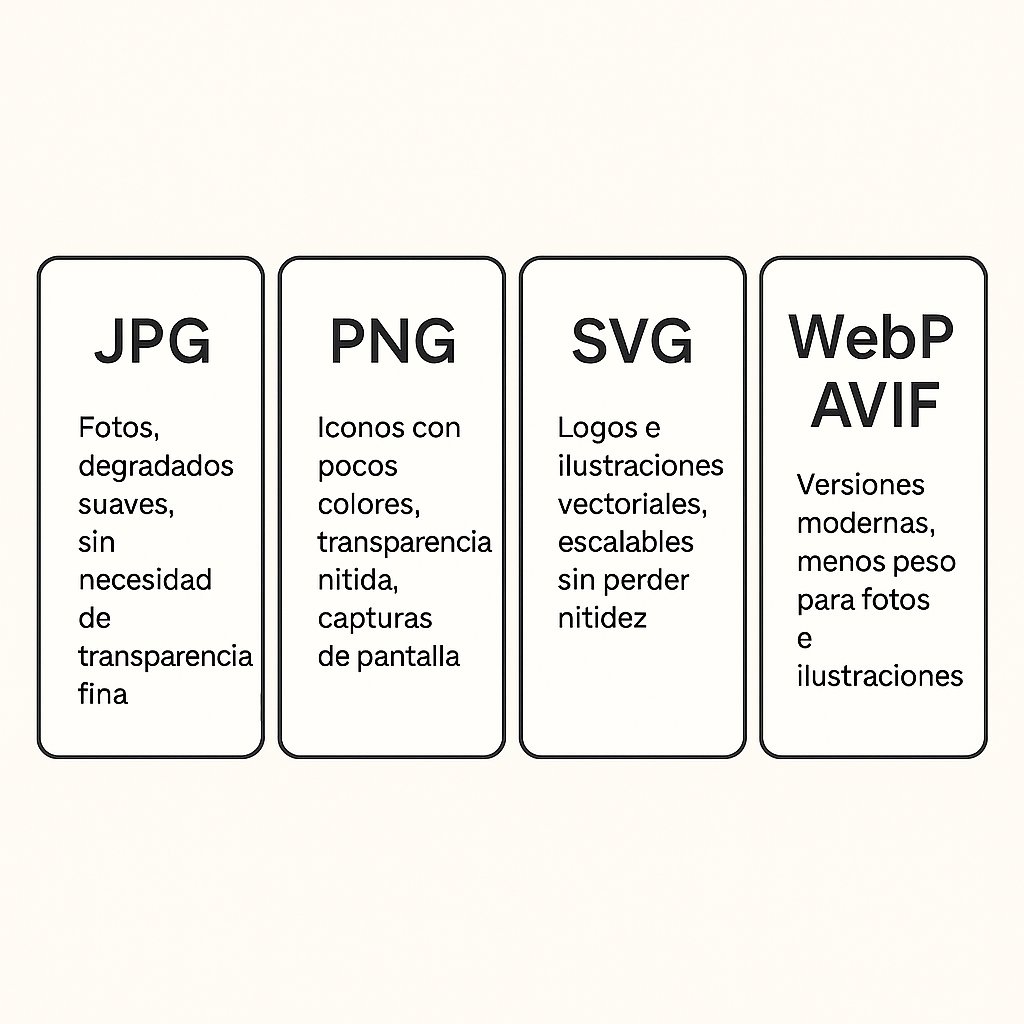 Tarjetas comparando formatos de imagen: JPG, PNG, SVG, WebP y AVIF, con sus usos recomendados.