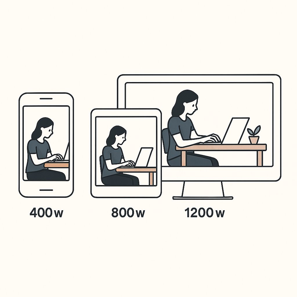 Tres dispositivos mostrando la misma imagen con diferentes resoluciones y pesos.