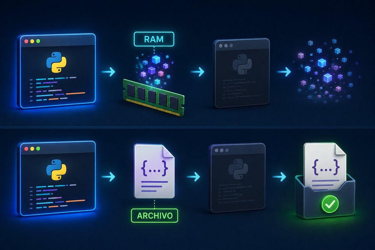 Diferencia entre datos temporales en memoria RAM y datos persistentes guardados en un archivo