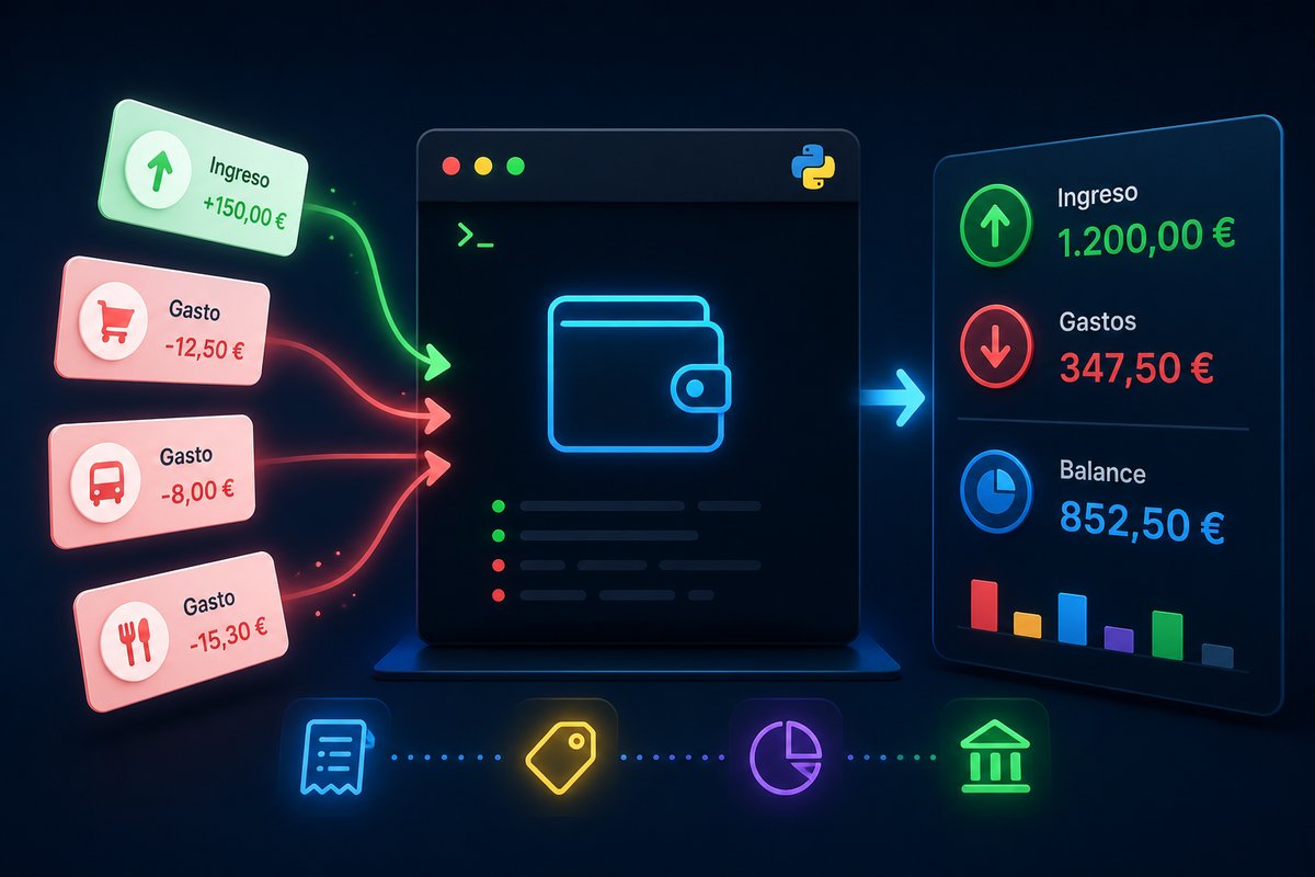 Ilustración de un gestor de gastos personales en Python que recibe ingresos y gastos desde la terminal y genera un resumen con balance financiero.