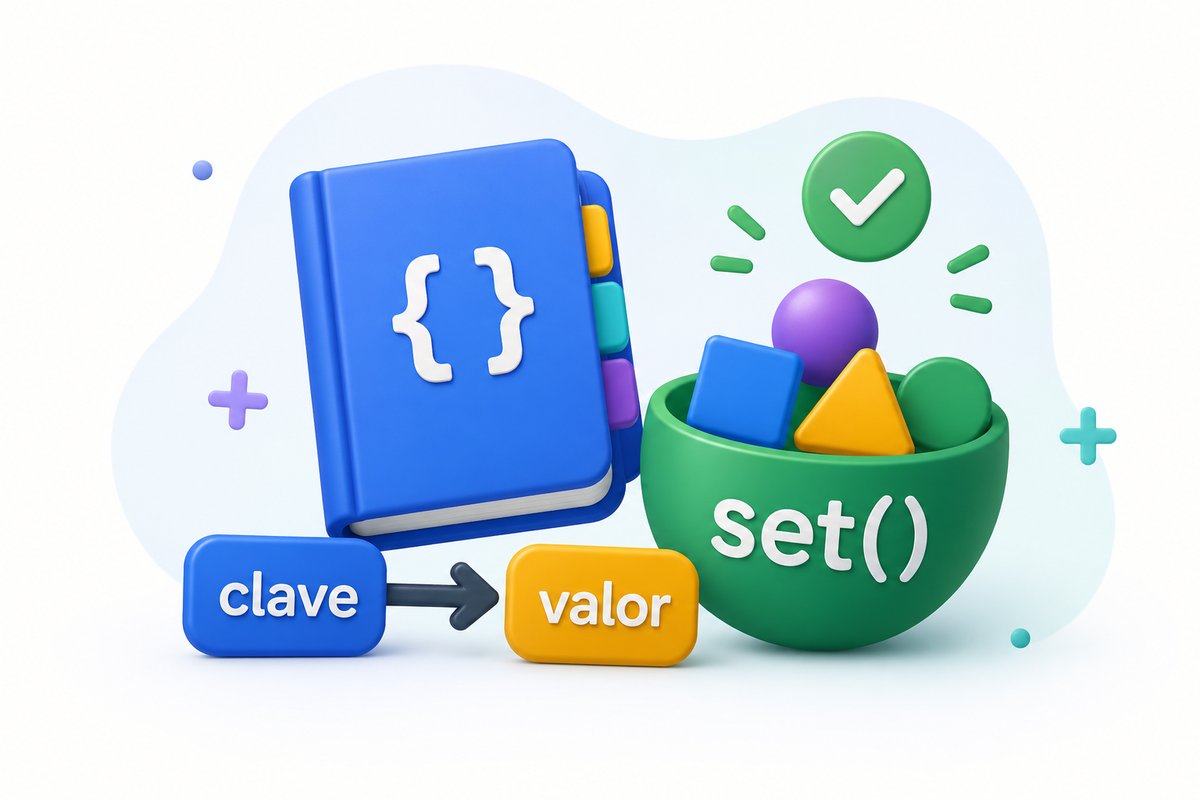 Ilustración de un diccionario con claves y valores junto a un conjunto de elementos únicos en Python.