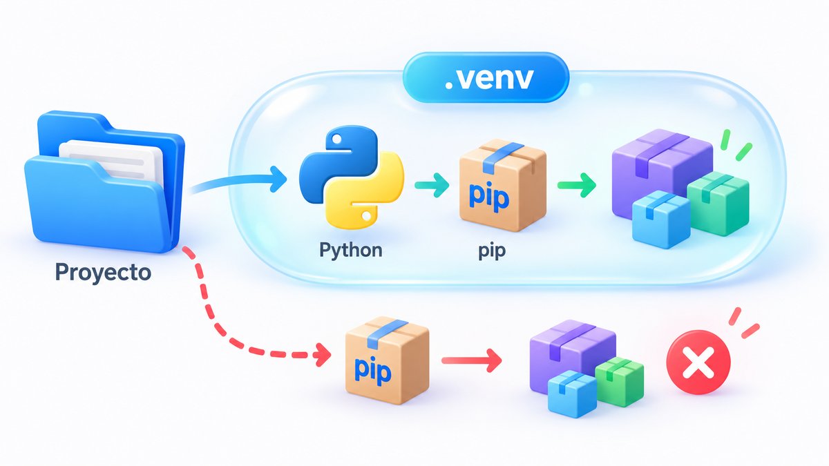 Proyecto Python usando el intérprete y pip de su entorno .venv para instalar las dependencias dentro del entorno, frente a una instalación incorrecta fuera de él.