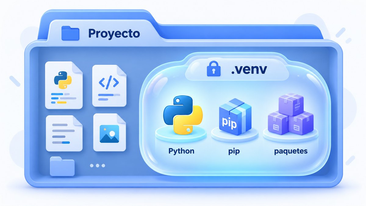 Proyecto Python con el código separado de una carpeta .venv que contiene el intérprete, pip y los paquetes instalados.