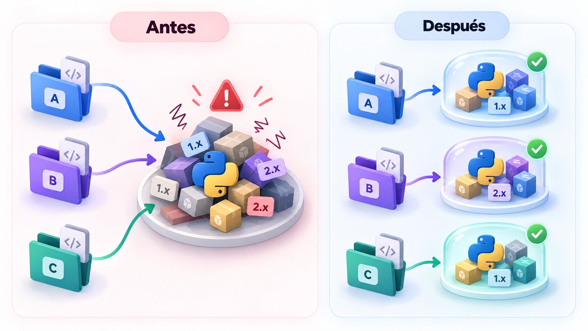 Comparación entre proyectos Python que comparten dependencias y proyectos aislados con sus propios entornos virtuales.