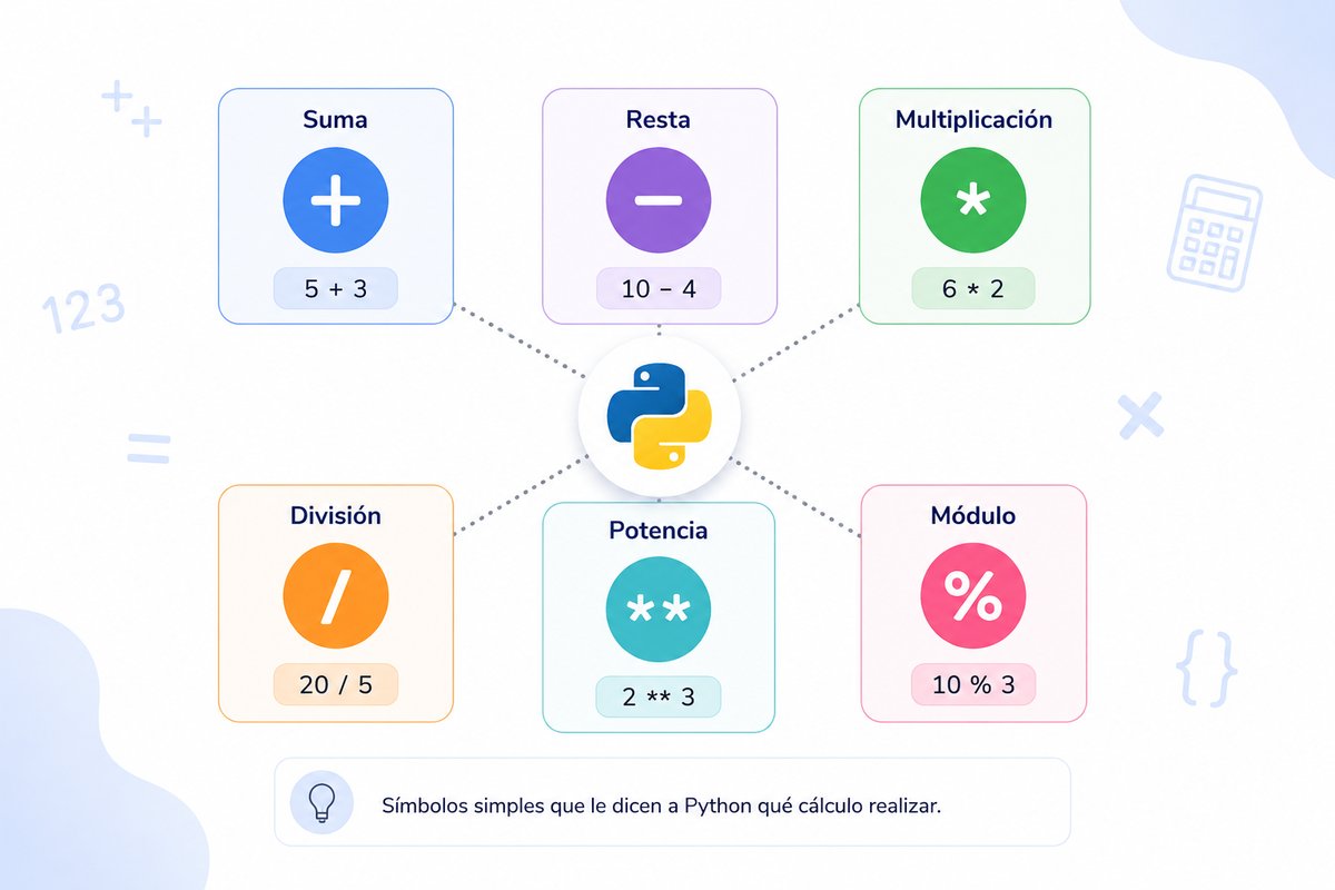 Mapa visual de operadores aritméticos básicos en Python con los símbolos de suma, resta, multiplicación, división, potencia y módulo.
