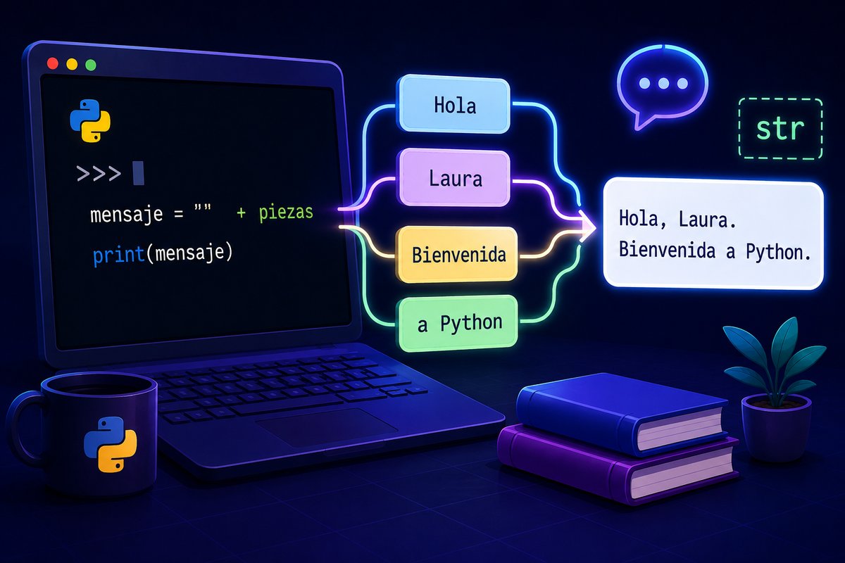 Ilustración conceptual de Python organizando palabras para construir y mostrar un mensaje.