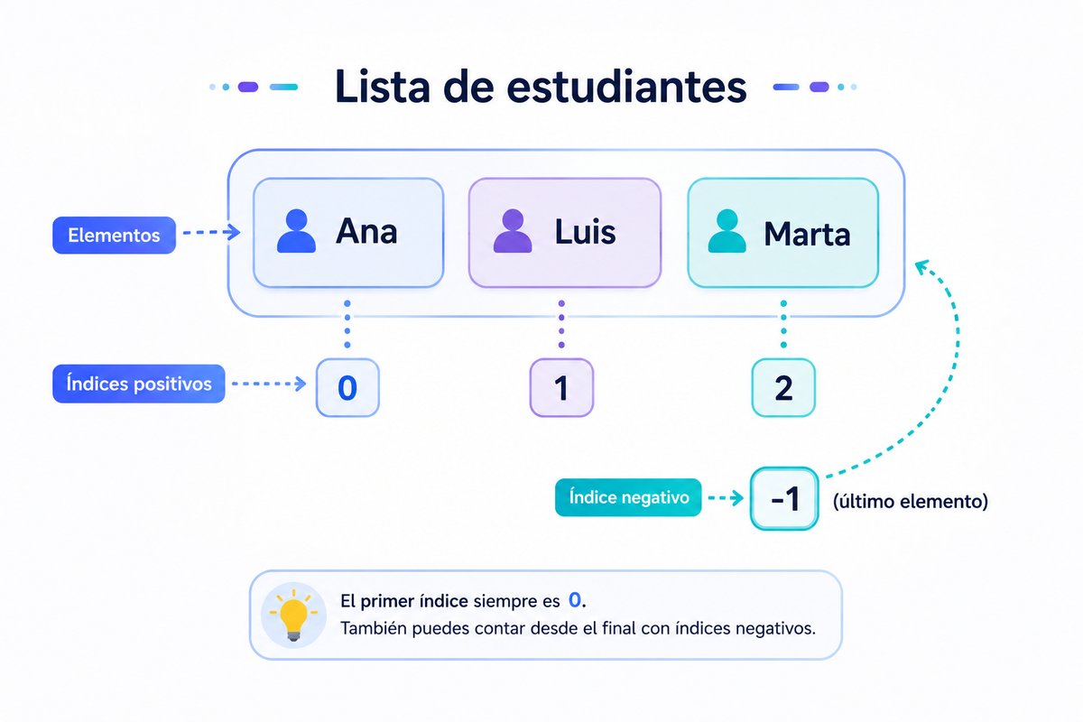 Lista de nombres con índices positivos y el índice negativo final.