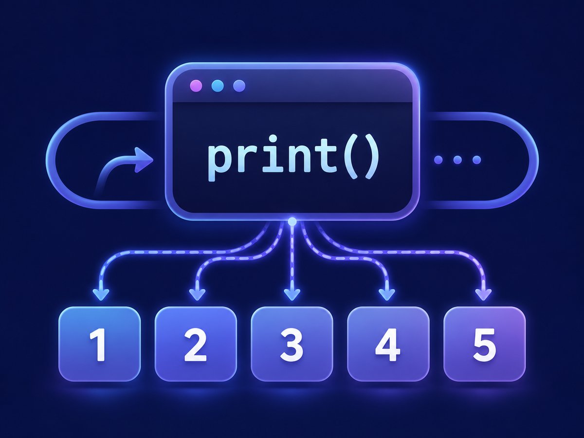 Diagrama visual de un bucle en Python donde una instrucción print() produce varias salidas numeradas.