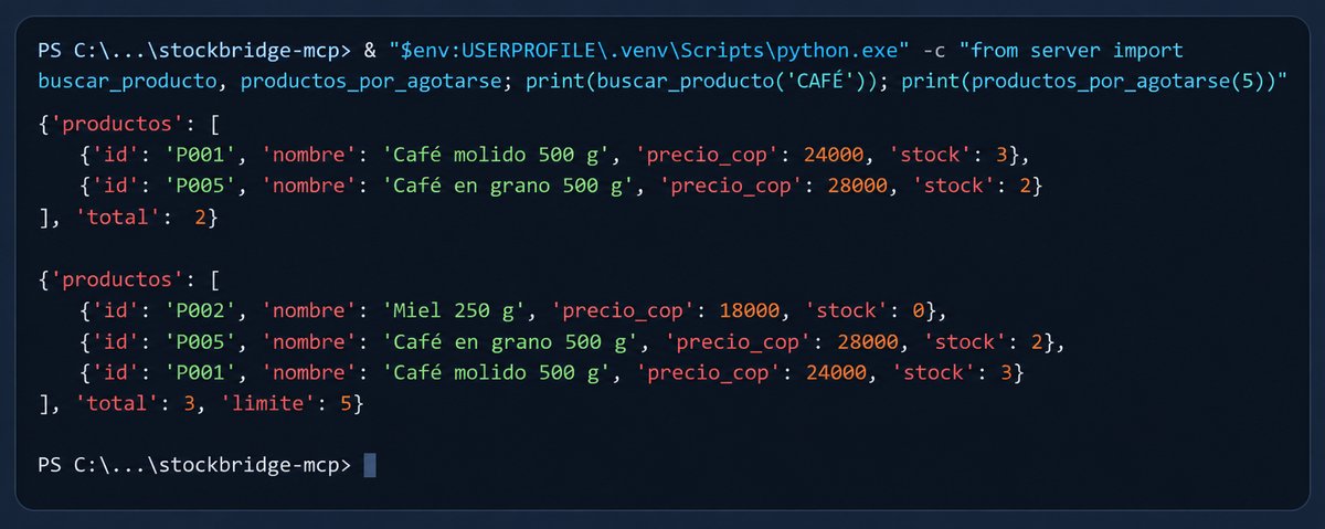 Prueba de StockBridge en Python: búsqueda de café y consulta de productos con menos de cinco unidades.