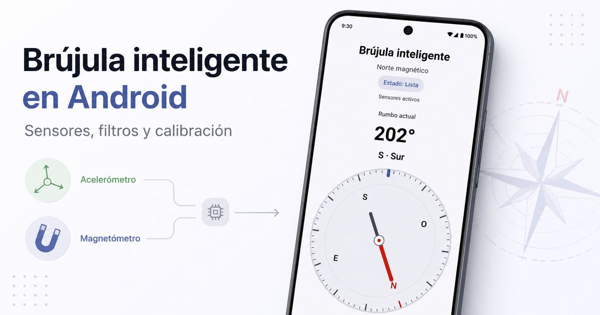 Teléfono Android mostrando una brújula inteligente con rumbo de 202 grados hacia el sur